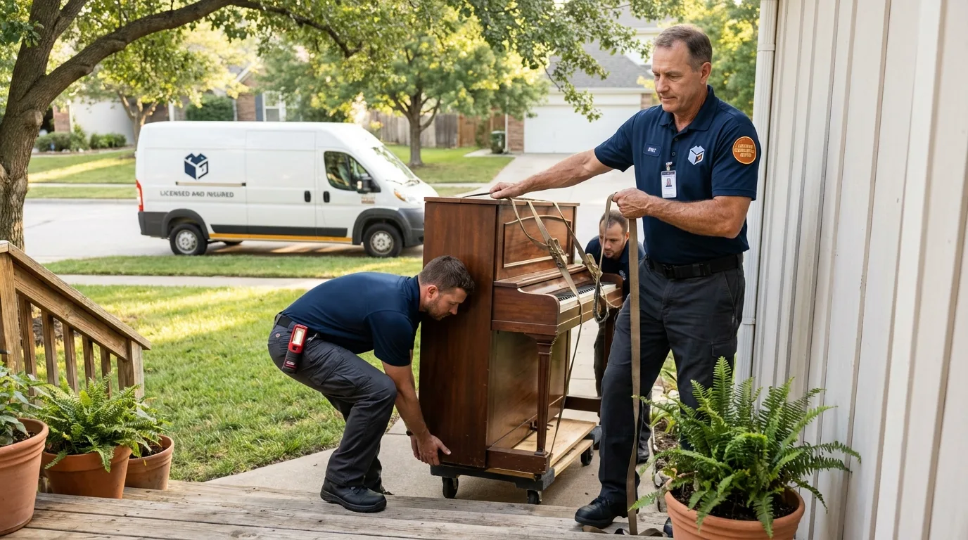 Licensed piano movers securing grand piano in Fort Sumner, NM