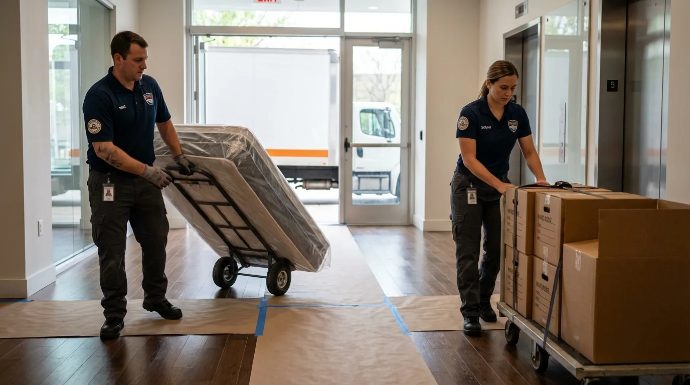 Professional apartment movers loading elevator in Fort Sumner, NM