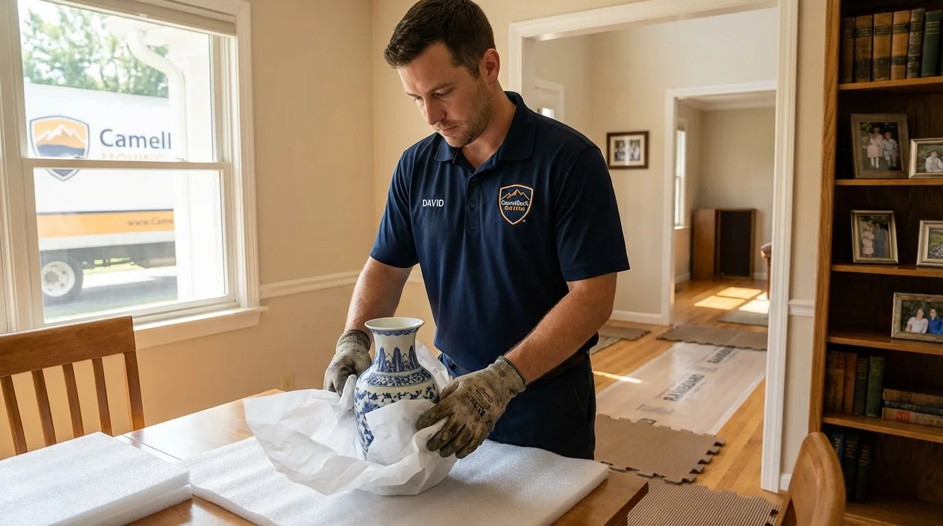 Professional crew carefully wrapping antique vase for senior downsizing move in Fort Sumner, NM